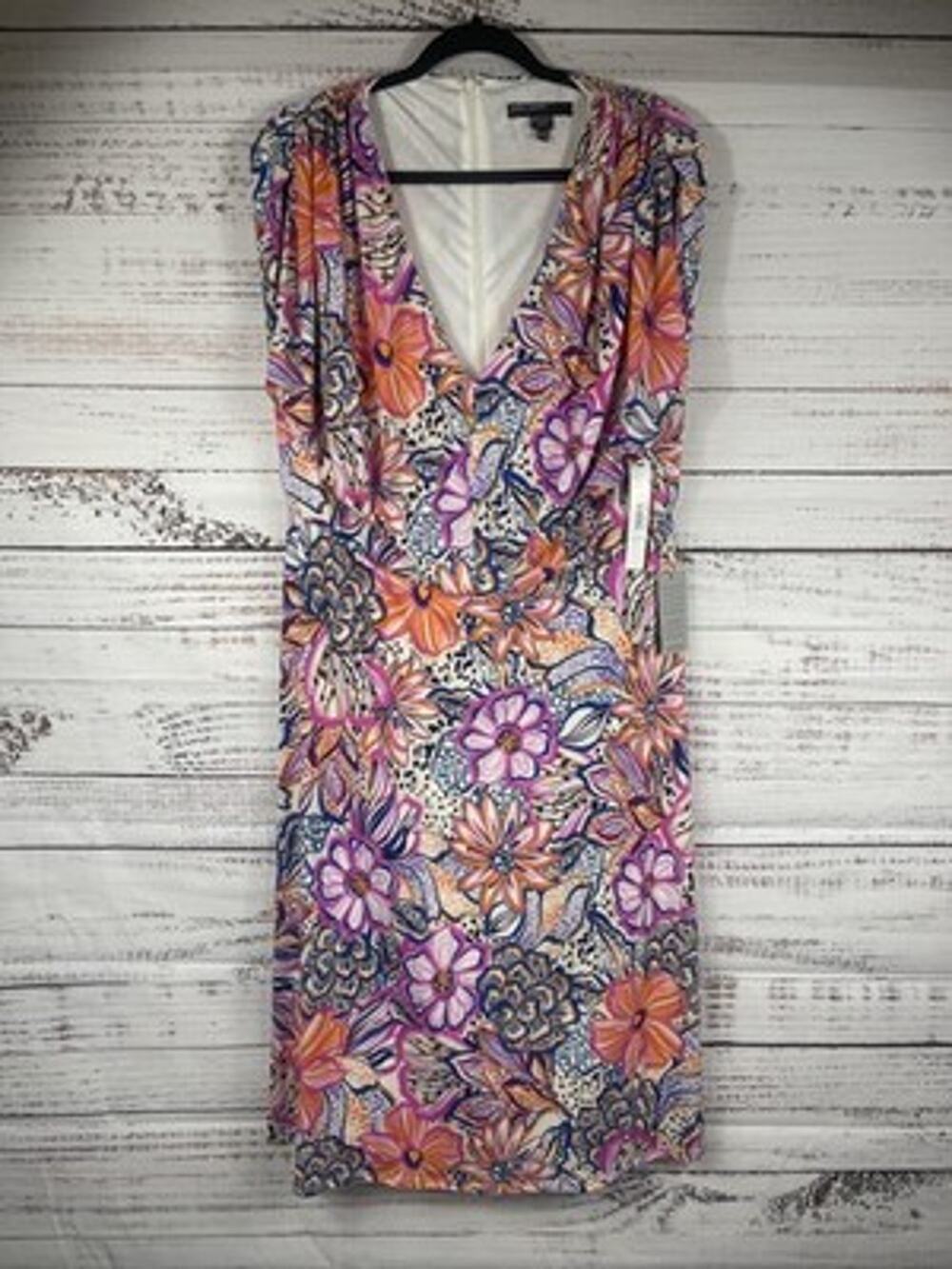 Maggy London Dress Women's 18 Multicolor Floral Ruched V Neck Midi Fit Flare